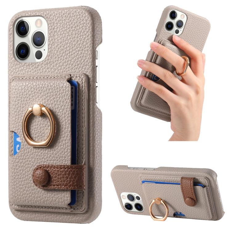 

For iPhone 12 Pro Litchi Leather Oil Edge Ring Card Back Phone Case(Khaki)