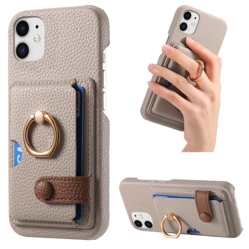 

For iPhone 12 Litchi Leather Oil Edge Ring Card Back Phone Case(Khaki)