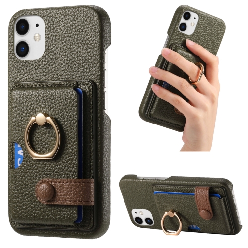 

For iPhone 12 Litchi Leather Oil Edge Ring Card Back Phone Case(Green)