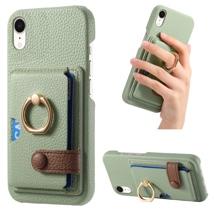 

For iPhone XR Litchi Leather Oil Edge Ring Card Back Phone Case(Tea Green)