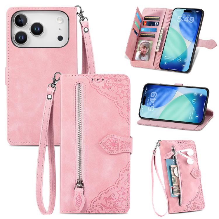 

For iPhone 17 Pro Max Embossed Flower Zipper Leather Phone Case(Pink)