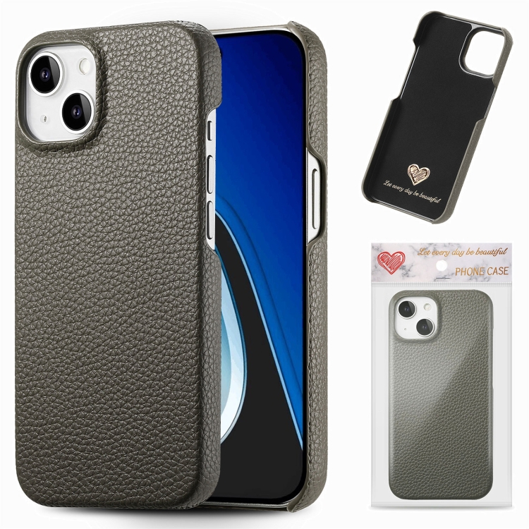 

For iPhone 15 Plus Litchi Oil Edge Leather Back Phone Case(Grey)