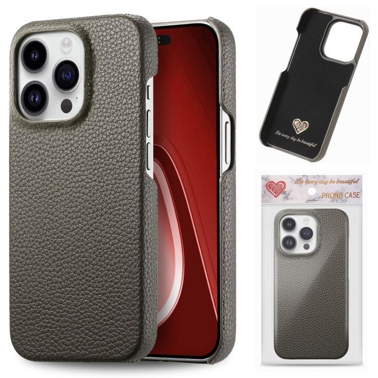 

For iPhone 15 Pro Max Litchi Oil Edge Leather Back Phone Case(Grey)