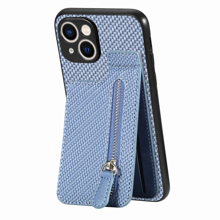 

For iPhone 15 Carbon Fiber Vertical Flip Zipper Phone Case(Blue)