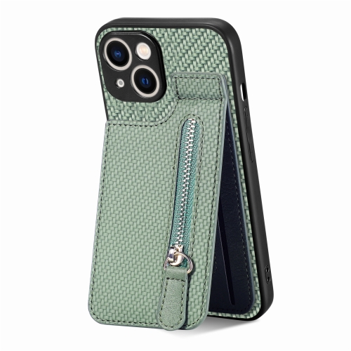 

For iPhone 15 Carbon Fiber Vertical Flip Zipper Phone Case(Green)