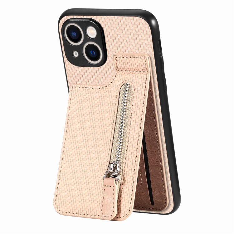 

For iPhone 15 Carbon Fiber Vertical Flip Zipper Phone Case(Khaki)