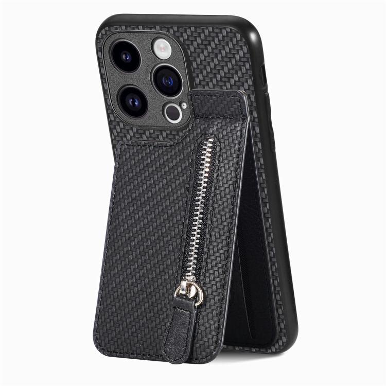 

For iPhone 15 Pro Carbon Fiber Vertical Flip Zipper Phone Case(Black)