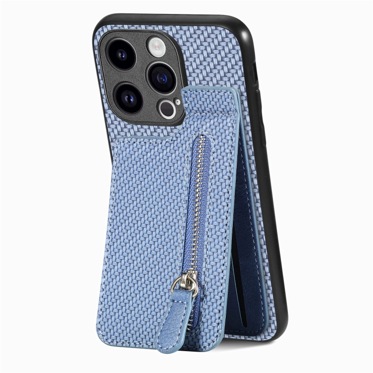 

For iPhone 15 Pro Carbon Fiber Vertical Flip Zipper Phone Case(Blue)