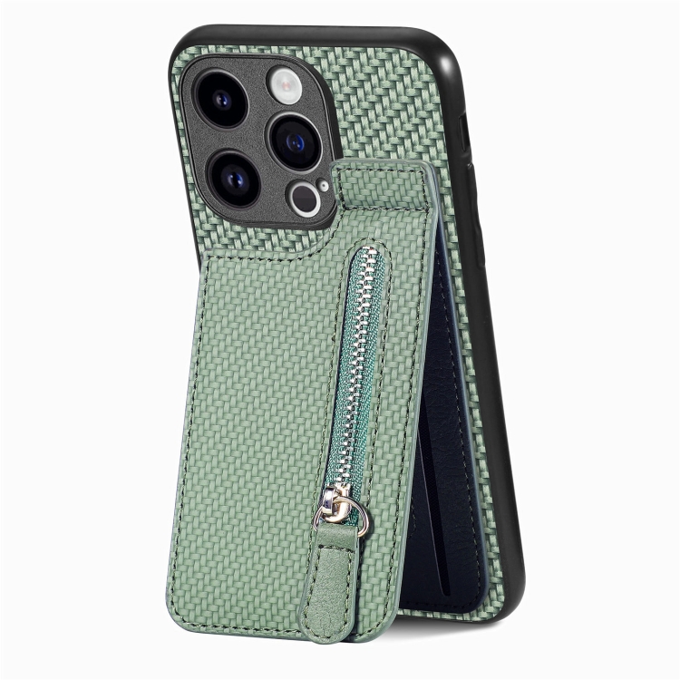 

For iPhone 15 Pro Carbon Fiber Vertical Flip Zipper Phone Case(Green)