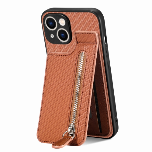 

For iPhone 15 Plus Carbon Fiber Vertical Flip Zipper Phone Case(Brown)