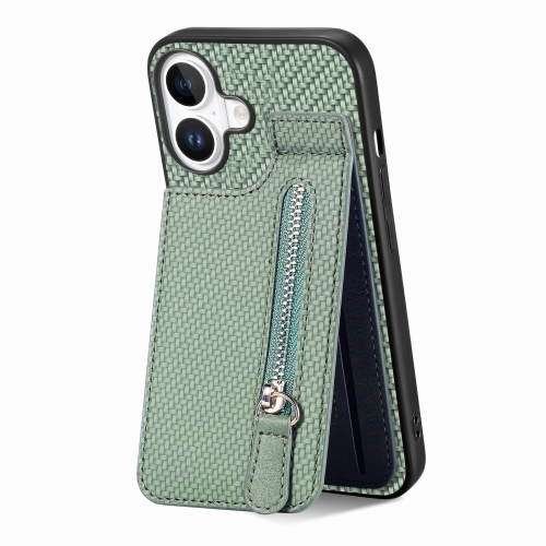 

For iPhone 16 Carbon Fiber Vertical Flip Zipper Phone Case(Green)