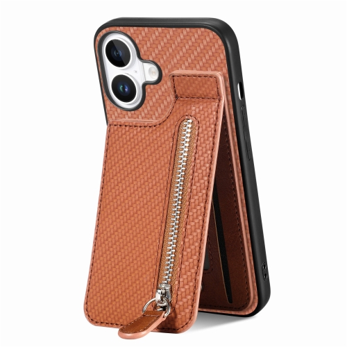 

For iPhone 16 Plus Carbon Fiber Vertical Flip Zipper Phone Case(Brown)