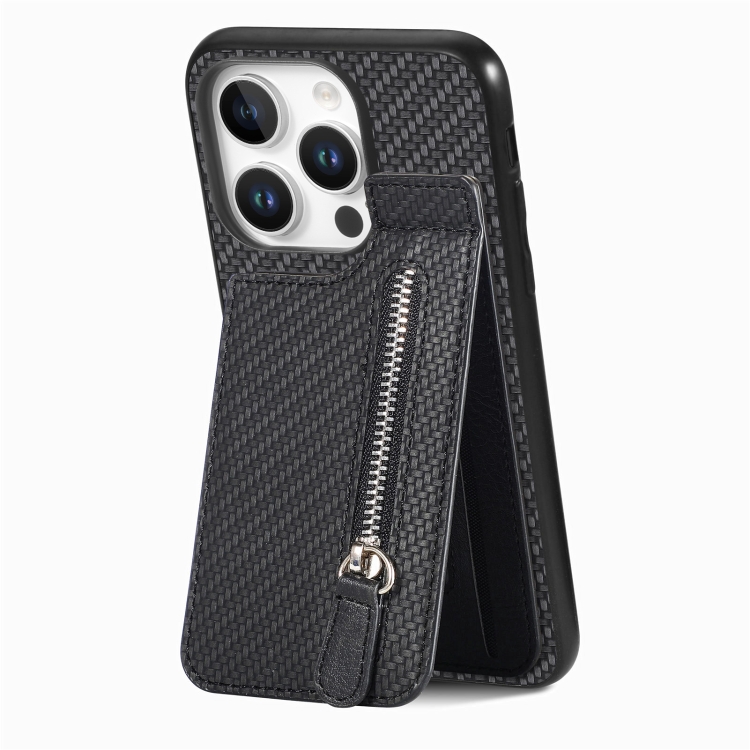 

For iPhone 16 Pro Carbon Fiber Vertical Flip Zipper Phone Case(Black)