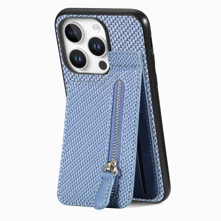 

For iPhone 16 Pro Carbon Fiber Vertical Flip Zipper Phone Case(Blue)