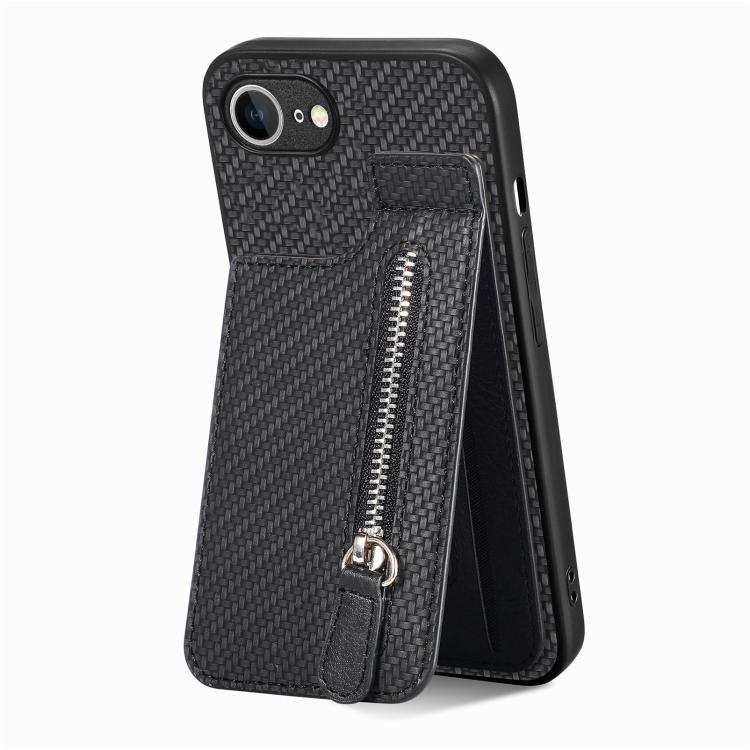 

For iPhone 16e Carbon Fiber Vertical Flip Zipper Phone Case(Black)