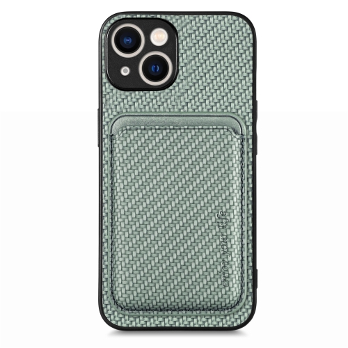 

For iPhone 15 Carbon Fiber Leather Card Magsafe Phone Case(Green)