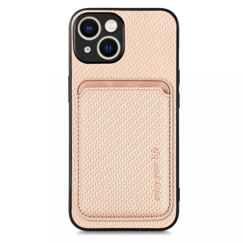 

For iPhone 15 Carbon Fiber Leather Card Magsafe Phone Case(Khaki)