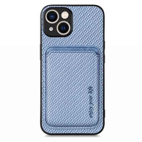 

For iPhone 15 Plus Carbon Fiber Leather Card Magsafe Phone Case(Blue)