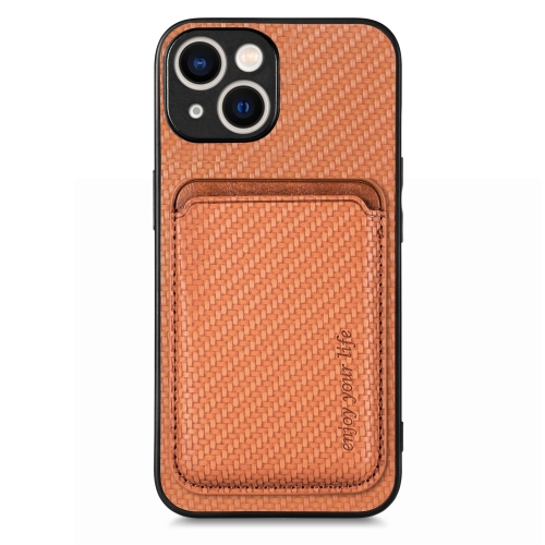 

For iPhone 15 Plus Carbon Fiber Leather Card Magsafe Phone Case(Brown)