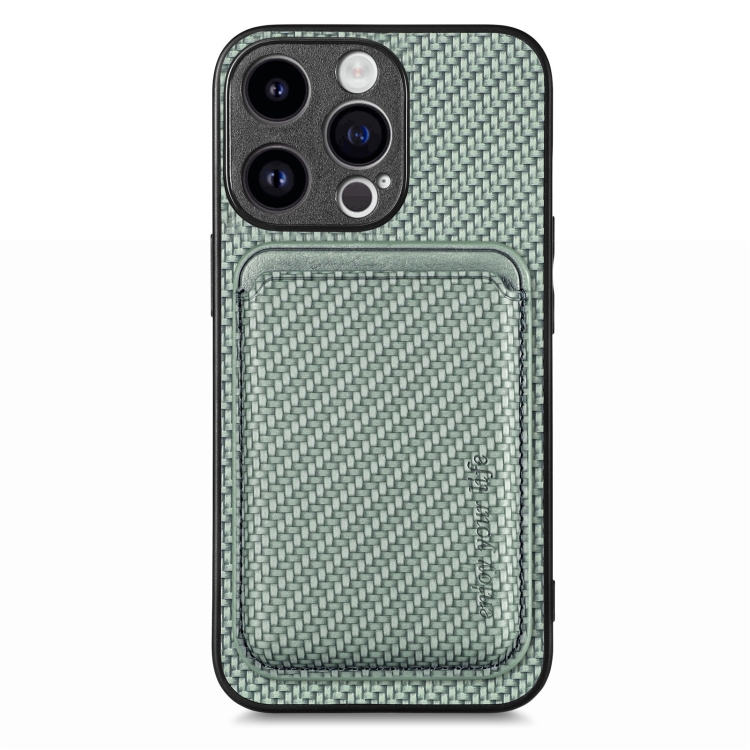 

For iPhone 15 Pro Max Carbon Fiber Leather Card Magsafe Phone Case(Green)