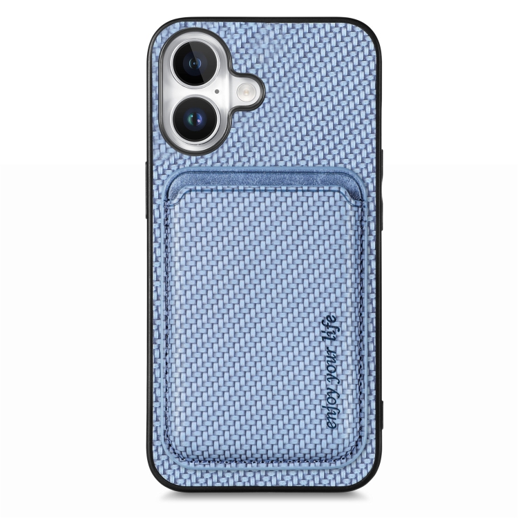 

For iPhone 16 Plus Carbon Fiber Leather Card Magsafe Phone Case(Blue)