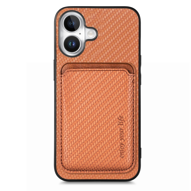 

For iPhone 16 Plus Carbon Fiber Leather Card Magsafe Phone Case(Brown)