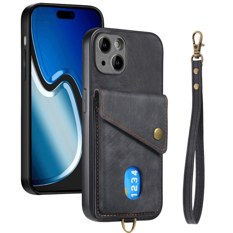 

For iPhone 15 Retro Card Wallet Fold Leather Phone Case with Strap(Black)