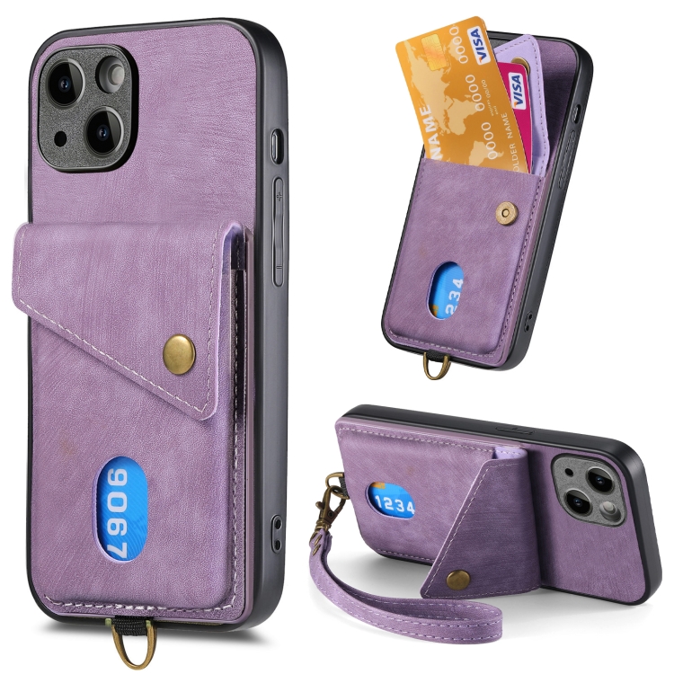 

For iPhone 15 Retro Card Wallet Fold Leather Phone Case with Strap(Purple)