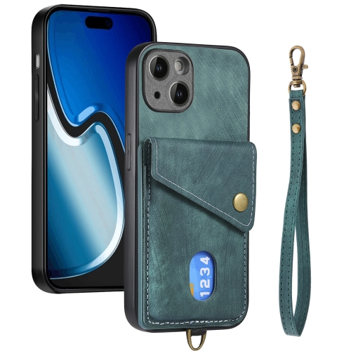 

For iPhone 15 Retro Card Wallet Fold Leather Phone Case with Strap(Green)