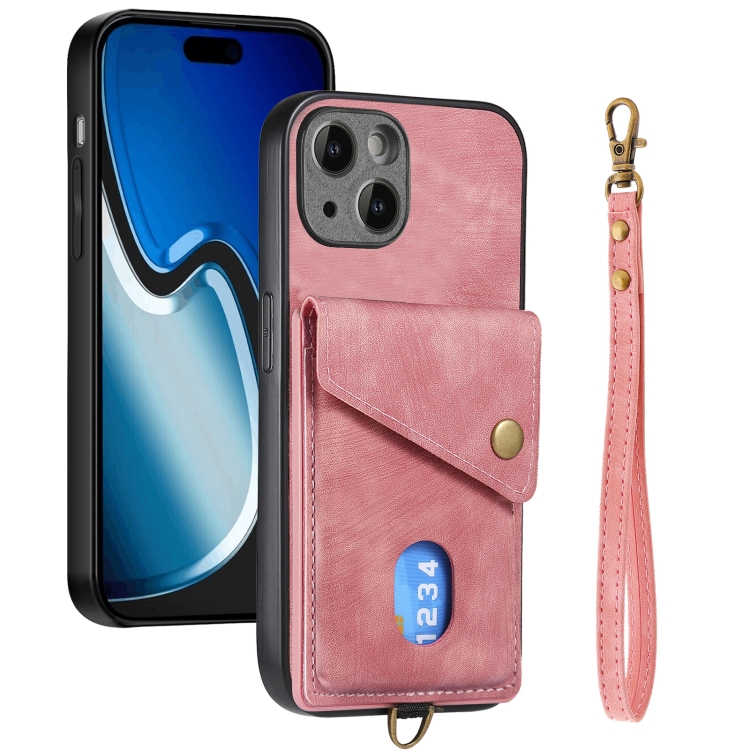 

For iPhone 15 Retro Card Wallet Fold Leather Phone Case with Strap(Pink)