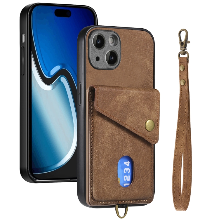 

For iPhone 15 Plus Retro Card Wallet Fold Leather Phone Case with Strap(Brown)