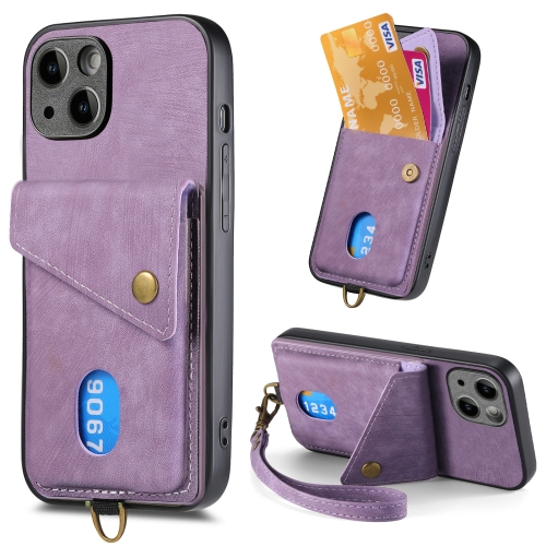 

For iPhone 15 Plus Retro Card Wallet Fold Leather Phone Case with Strap(Purple)