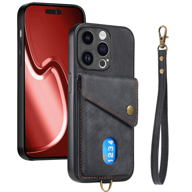

For iPhone 15 Pro Retro Card Wallet Fold Leather Phone Case with Strap(Black)