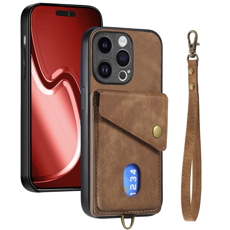 

For iPhone 15 Pro Retro Card Wallet Fold Leather Phone Case with Strap(Brown)