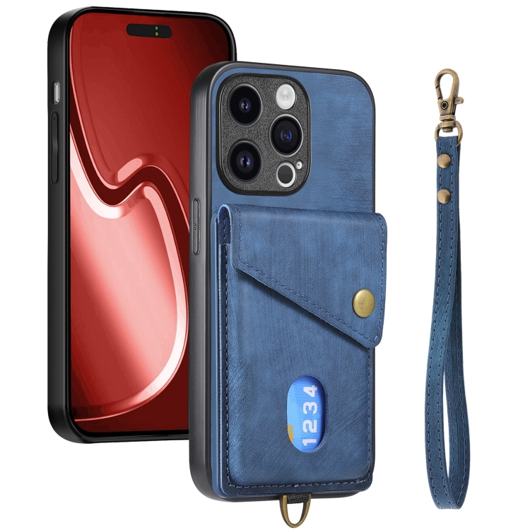 

For iPhone 15 Pro Retro Card Wallet Fold Leather Phone Case with Strap(Blue)