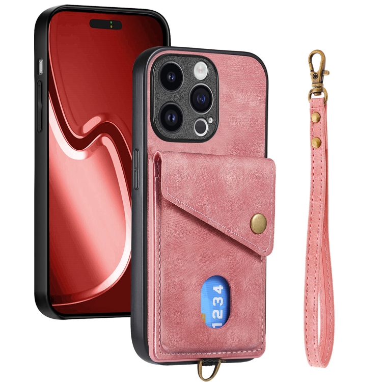 

For iPhone 15 Pro Retro Card Wallet Fold Leather Phone Case with Strap(Pink)