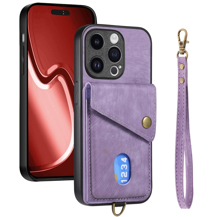 

For iPhone 15 Pro Max Retro Card Wallet Fold Leather Phone Case with Strap(Purple)