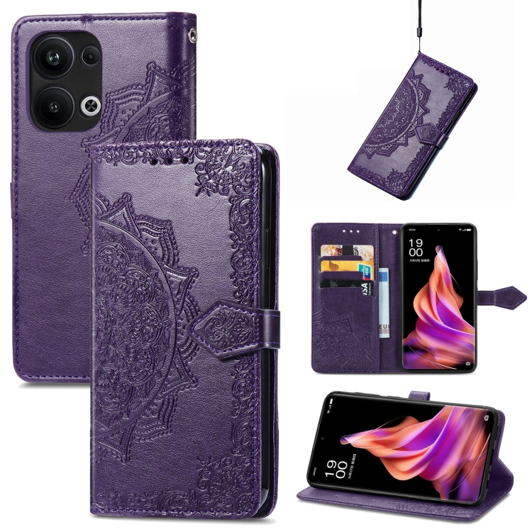 

For OPPO Reno9 Pro+ Mandala Flower Embossed Leather Phone Case(Purple)