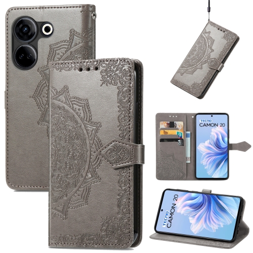 

For Tecno Camon 20 Mandala Flower Embossed Leather Phone Case(Gray)