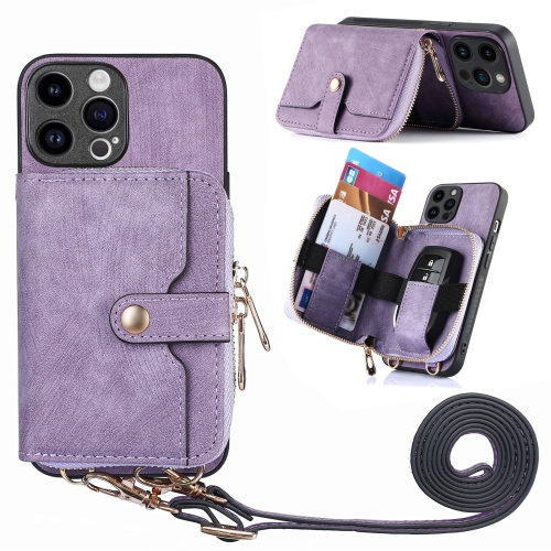 

For iPhone 15 Pro Max Crossbody Multi-function Zipper Wallet Phone Case(Purple)