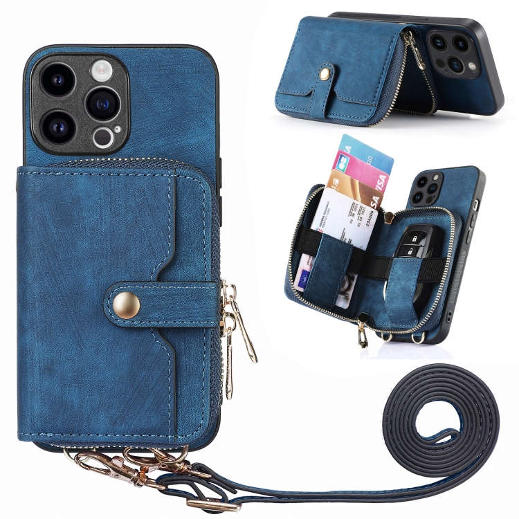 

For iPhone 15 Pro Crossbody Multi-function Zipper Wallet Phone Case(Blue)