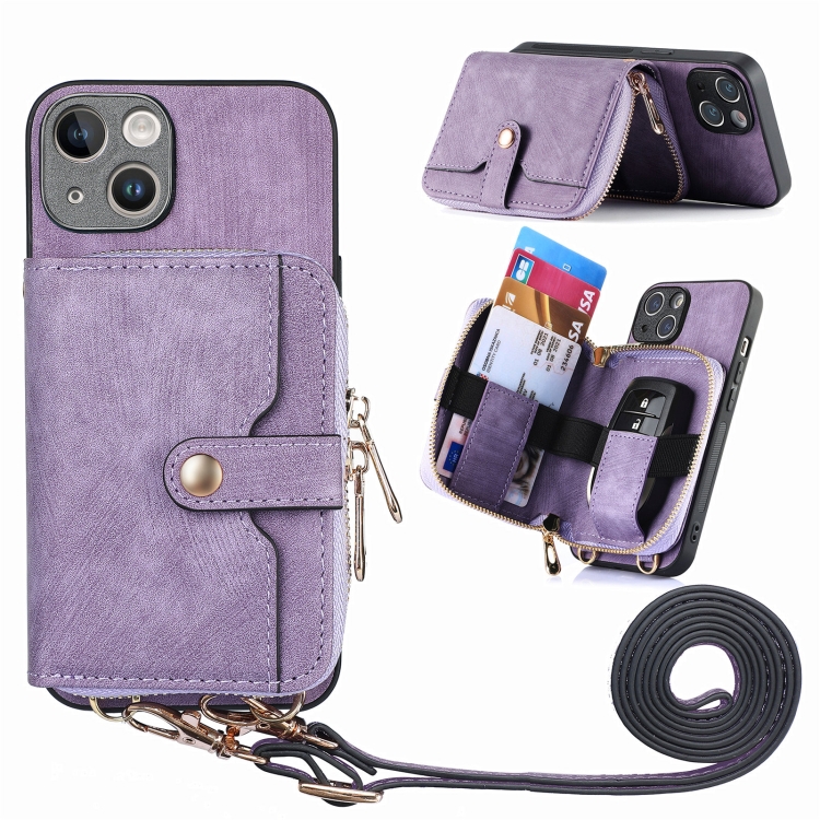 

For iPhone 15 Plus Crossbody Multi-function Zipper Wallet Phone Case(Purple)