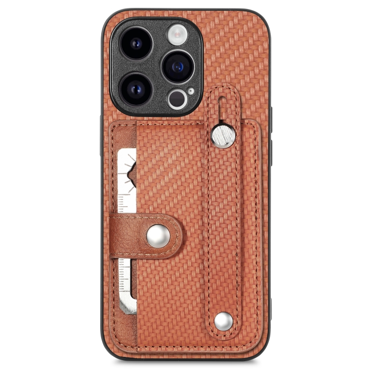 

For iPhone 15 Pro Max Wristband Kickstand Card Wallet Back Phone Case with Tool Knife(Brown)