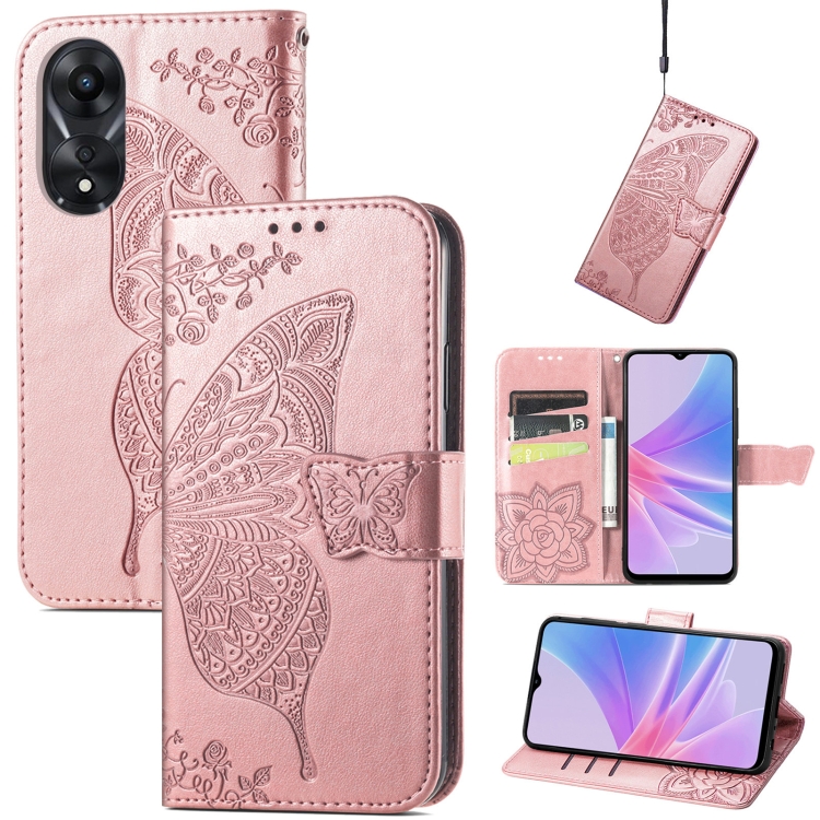 

For OPPO A58 4G Butterfly Love Flower Embossed Leather Phone Case(Rose Gold)