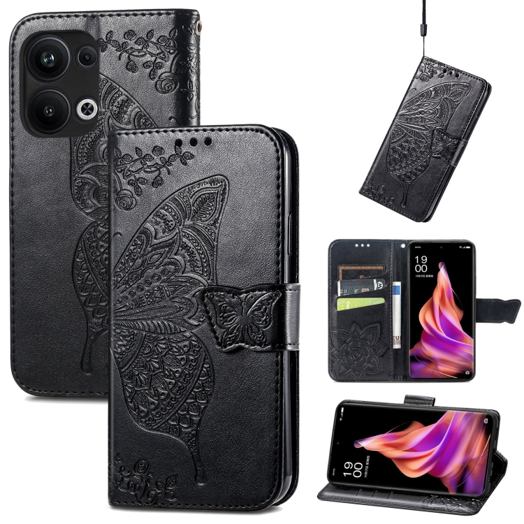 

For OPPO Reno9 Pro+ Butterfly Love Flower Embossed Leather Phone Case(Black)
