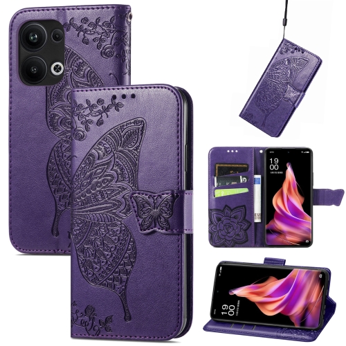 

For OPPO Reno9 Pro+ Butterfly Love Flower Embossed Leather Phone Case(Purple)