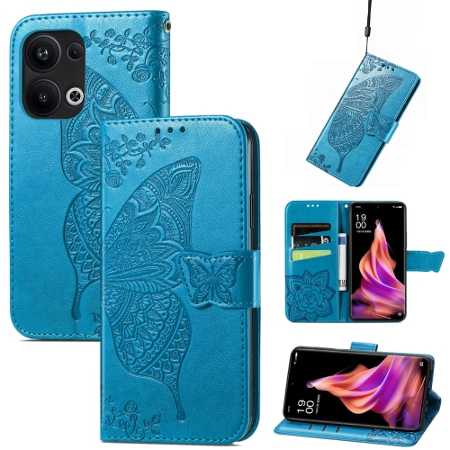 

For OPPO Reno9 Pro+ Butterfly Love Flower Embossed Leather Phone Case(Blue)