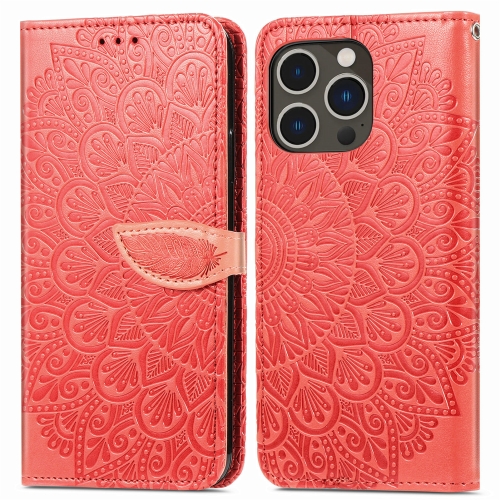 

For iPhone 15 Pro Max Blooming Mandala Embossed Wings Buckle Leather Phone Case(Red)