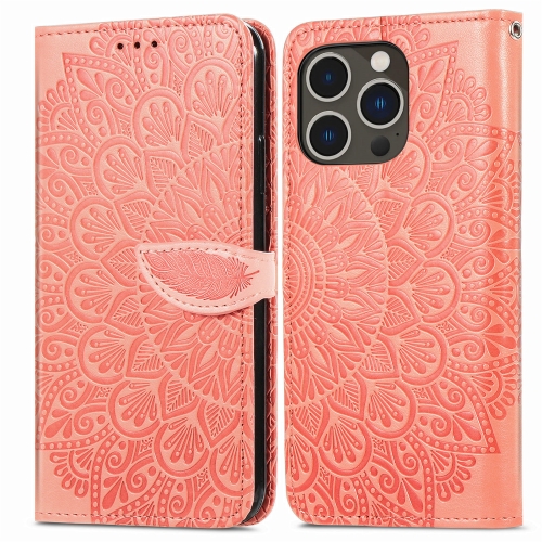 

For iPhone 15 Pro Blooming Mandala Embossed Wings Buckle Leather Phone Case(Orange)