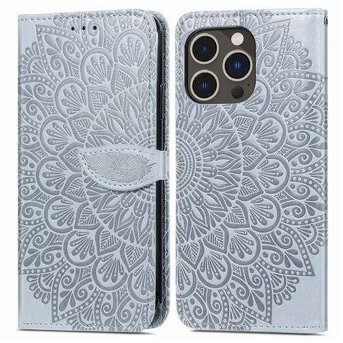 

For iPhone 15 Pro Blooming Mandala Embossed Wings Buckle Leather Phone Case(Grey)